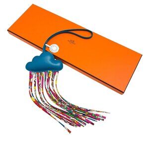 HERMES Petit H Teal Blue Milo Lambskin Leather & Silk Chord Cloud Bag Charm
